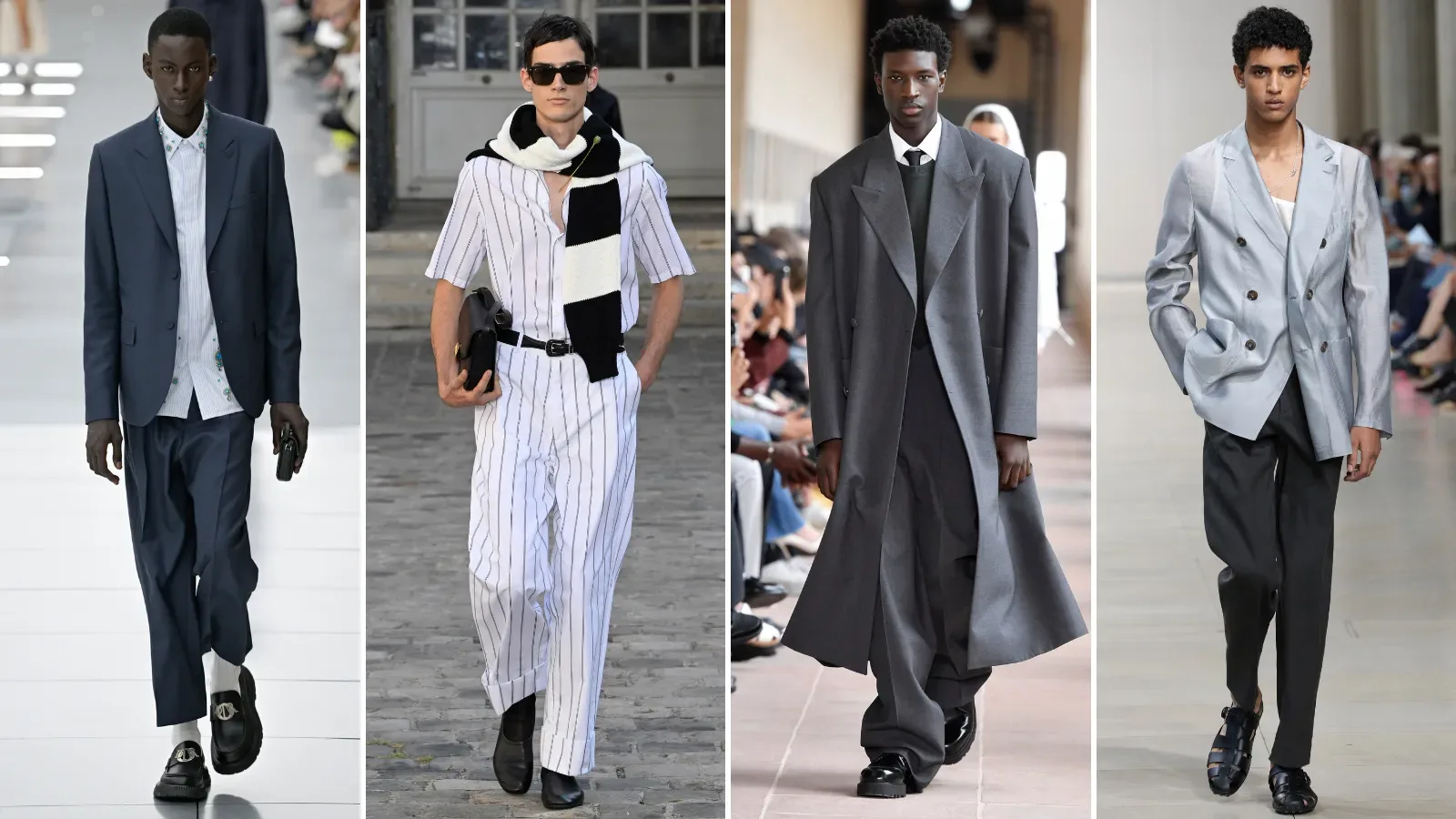 Quatre silhouettes de défilé de mode masculine contemporaine — costumes et manteaux dans une palette exclusivement noire, grise, blanche et navy, incarnation du « quiet luxury »