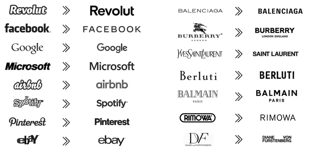 Planche « avant / après » de rebrandings emblématiques du phénomène blanding — logos historiques (Revolut, Facebook, Google, Balenciaga, Burberry, YSL, Balmain…) transformés en typographies sans serif épurées et uniformes