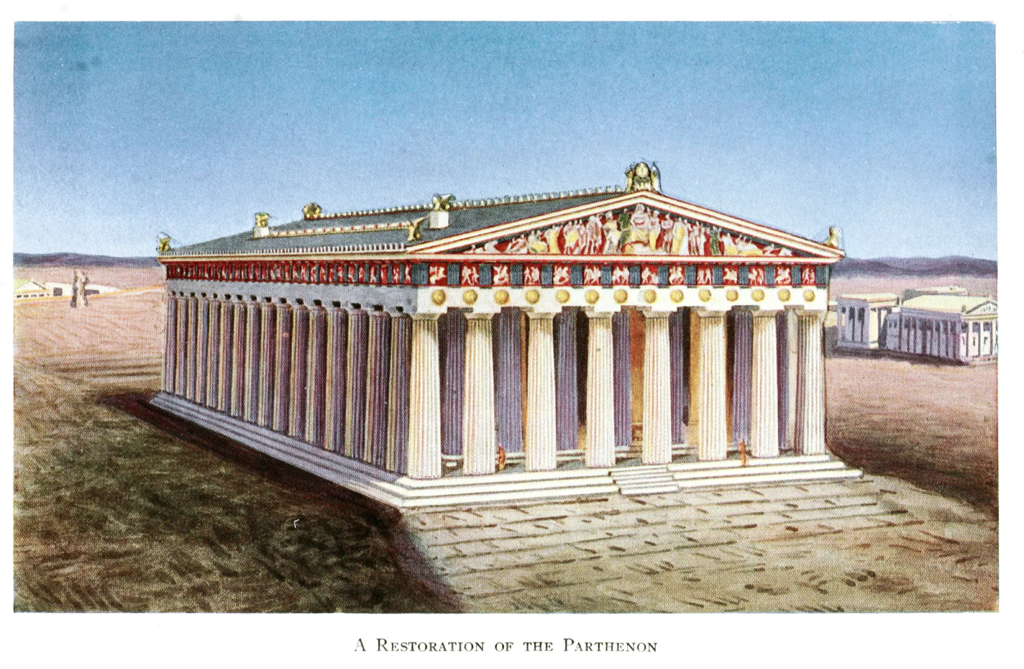 Restitution illustrée du Parthénon d'Athènes dans ses couleurs d'origine — frises rouges et bleues, colonnes polychromes et sculptures peintes du fronton