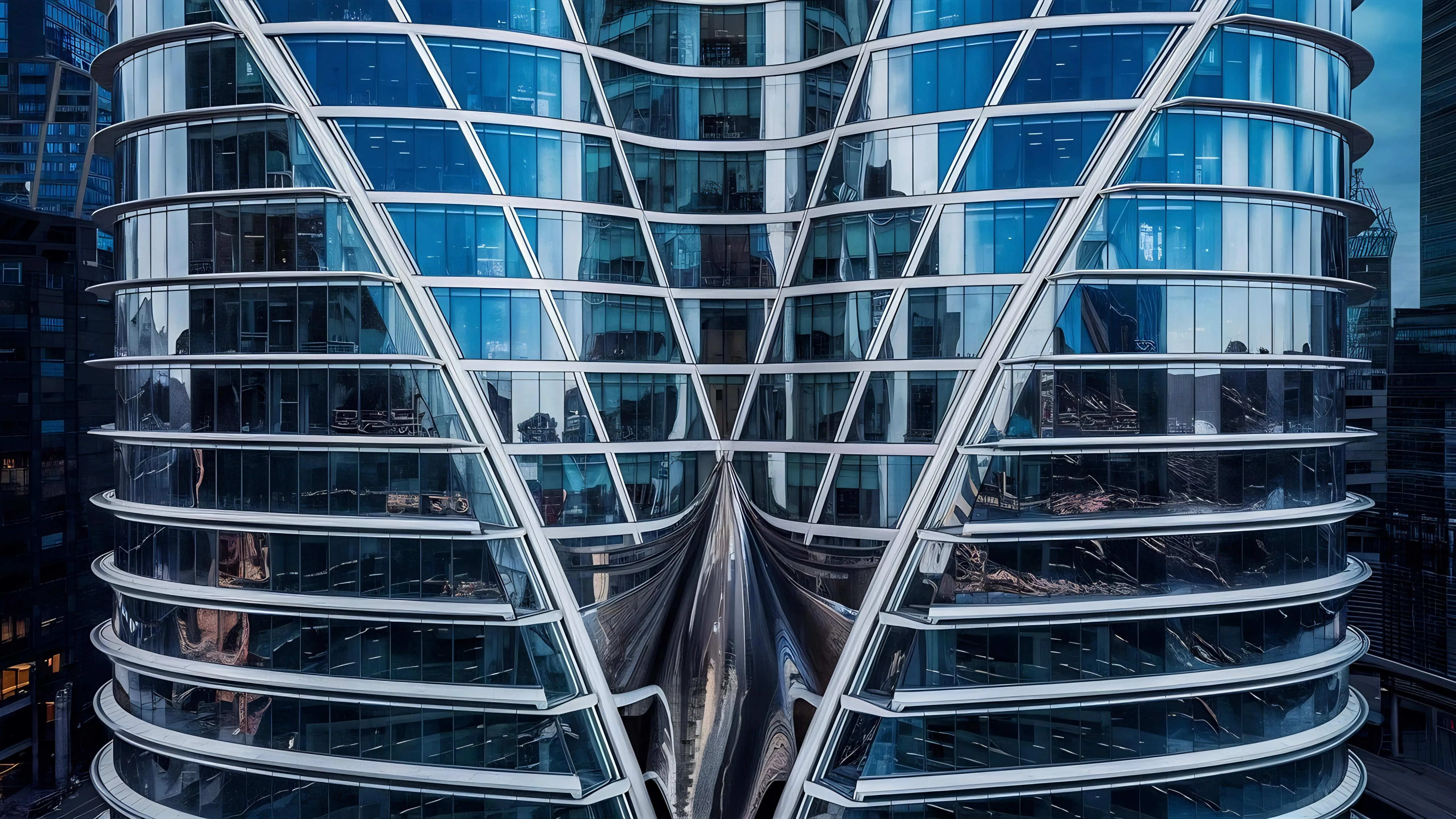Façade en verre et acier d'un gratte-ciel contemporain — géométrie symétrique aux reflets bleus, illustrant l'uniformité de l'architecture internationale moderne