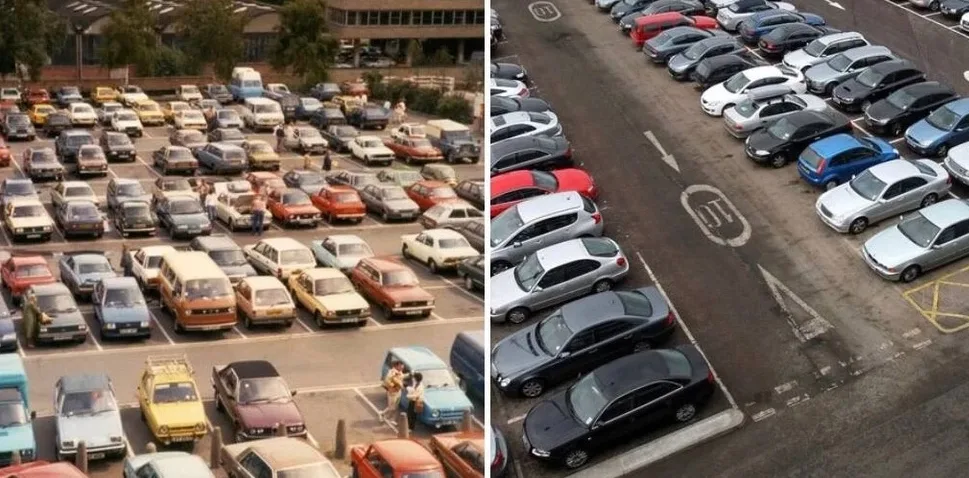 Comparaison de deux parkings : à gauche, années 1970 avec voitures aux teintes vives (orange, jaune, rouge, bleu) ; à droite, parking contemporain dominé par les véhicules gris, noirs et blancs