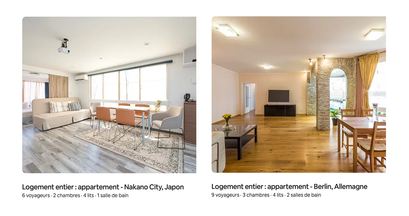 Deux captures d'annonces Airbnb : à gauche, un appartement à Nakano City au Japon ; à droite, un appartement à Berlin en Allemagne — deux intérieurs quasi identiques dans leur esthétique neutre