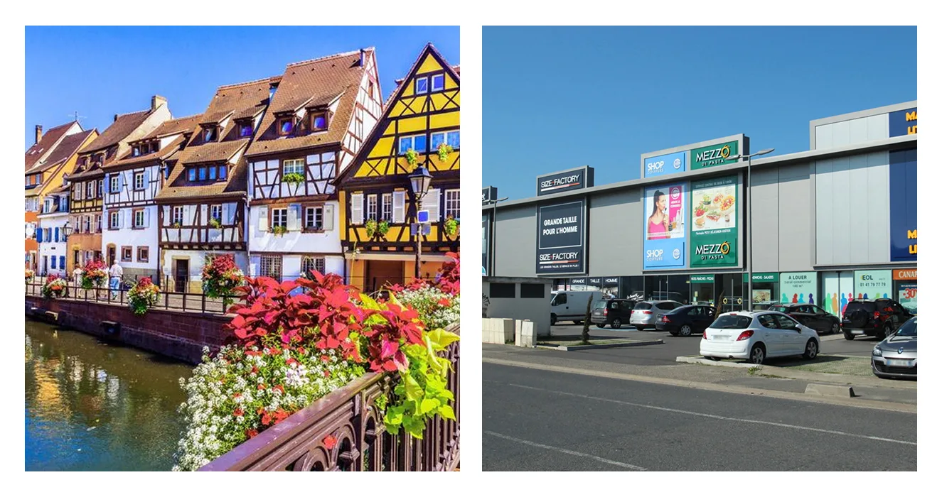 Comparaison architecturale : à gauche, façades colorées à colombages d'un village alsacien fleuri au bord d'un canal ; à droite, zone commerciale de périphérie aux bardages gris et enseignes standardisées