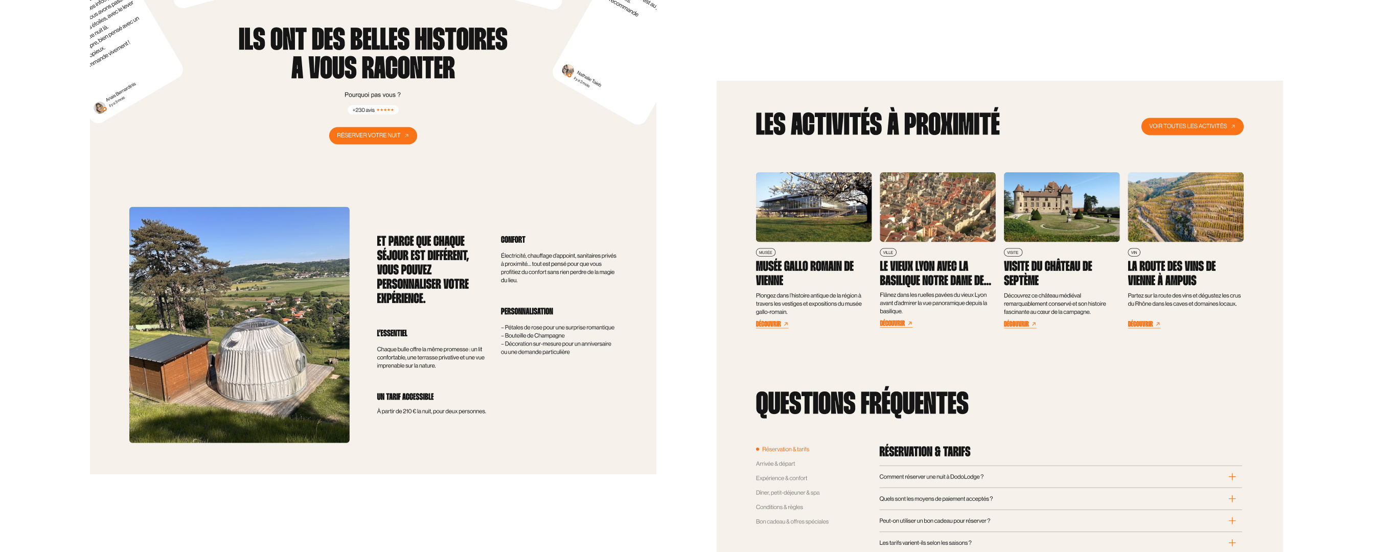 DodoLodge — pages activités et FAQ du site