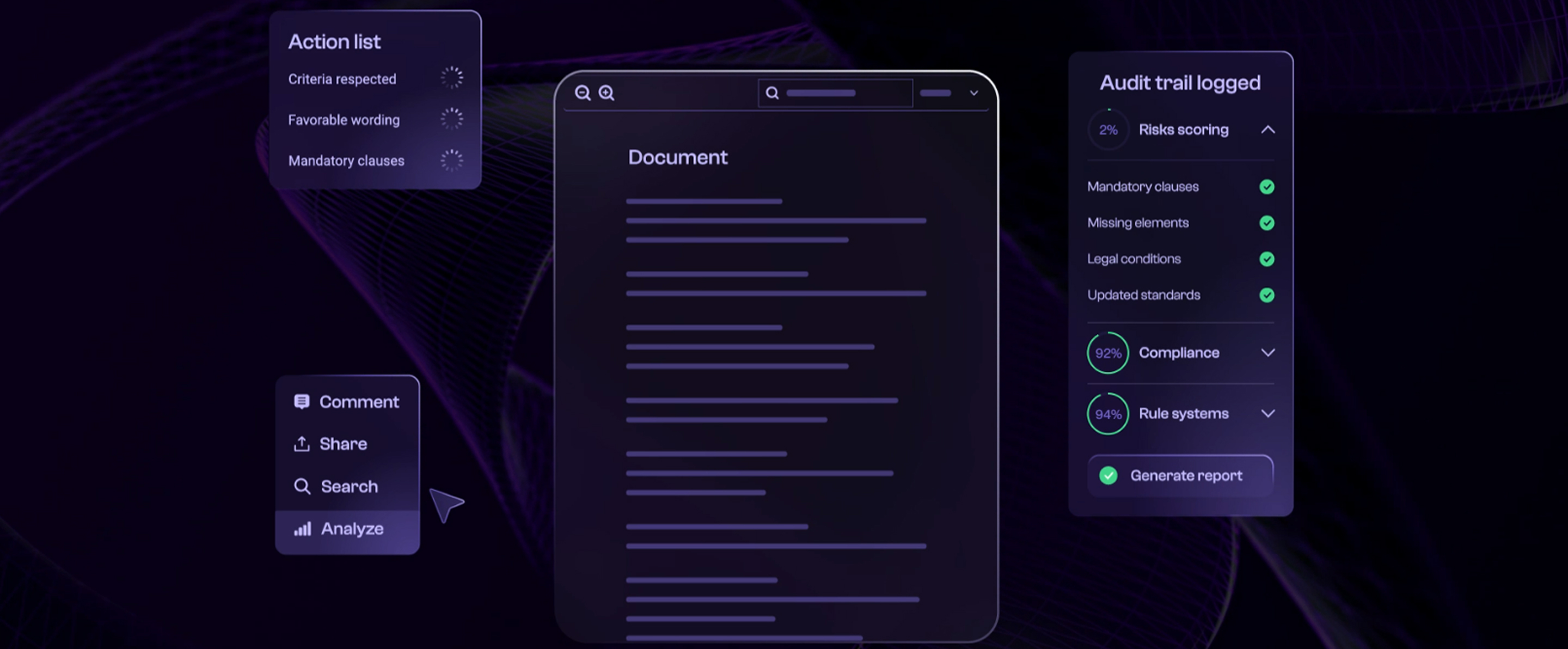 Dylogy — vue dashboard Action list / Document / Audit trail